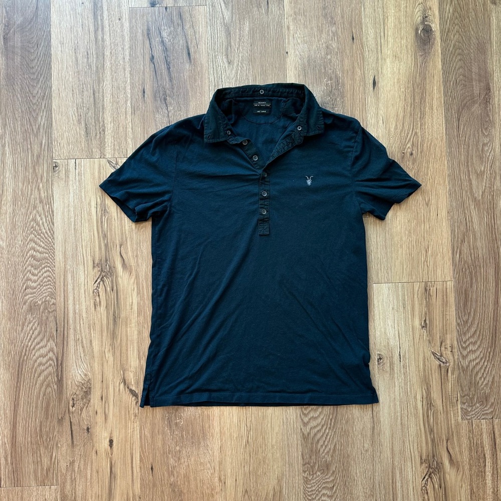 AllSaints Mens Black Ramskull Logo Short Sleeve Polo Shirt Large Slim Fit Cotton